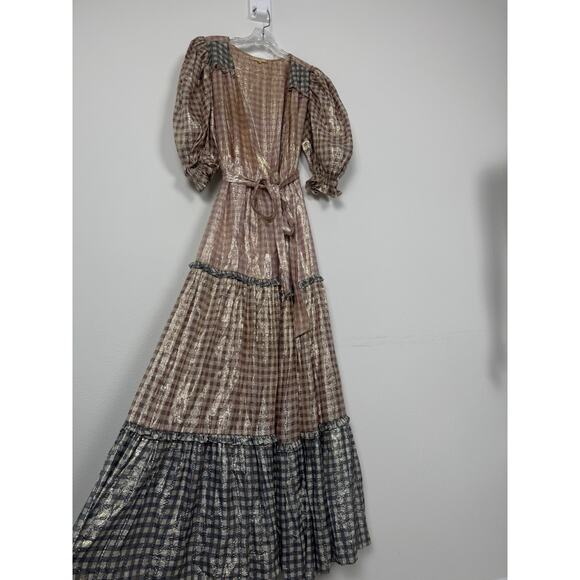 LoveShackFancy Maxi Dress Women’s Medium Wrap Tiered Metallic Gingham - Picture 5 of 16